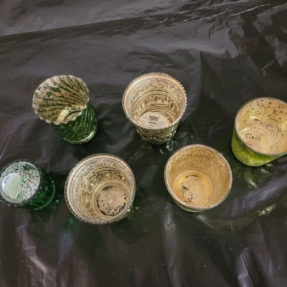 6 green different size and shape wome cracked look with silver/gold inlay votive - Picture 3 of 6